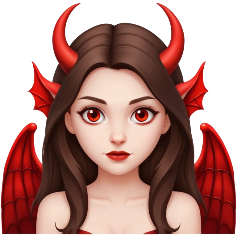 beautiful pale brunette girl with long hair with devil horns and devil wings emoji