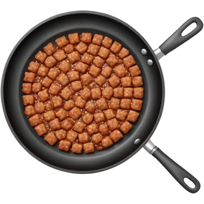 A 3D cartoon frying pan with minced meat being cooked, top view, realistic texture, Memoji-style. emoji