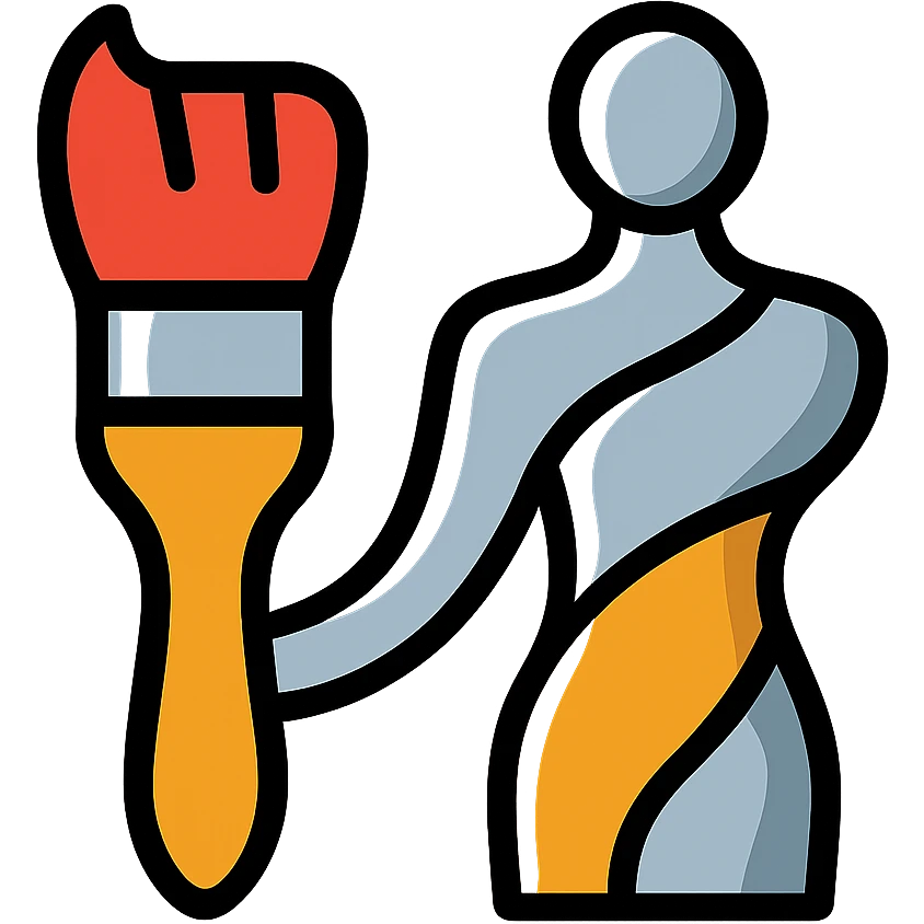 A paintbrush transforming into a silver and bronze metallic human figure sculpture, artistic identity symbol, with reflective surface emoji