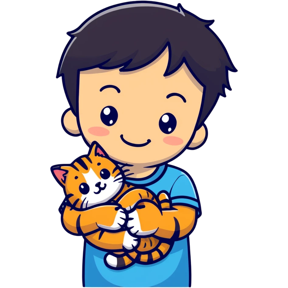 A smiling boy hugging a friendly tabby cat emoji