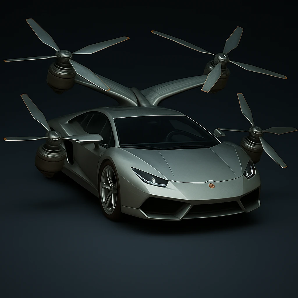 Remove the front vent from this photorealistic flying car. Keep the sleek, electric, aerodynamic metallic body, two wings on top, two on the sides, propellers on all wings, and wheels. Maintain the photorealistic style. emoji