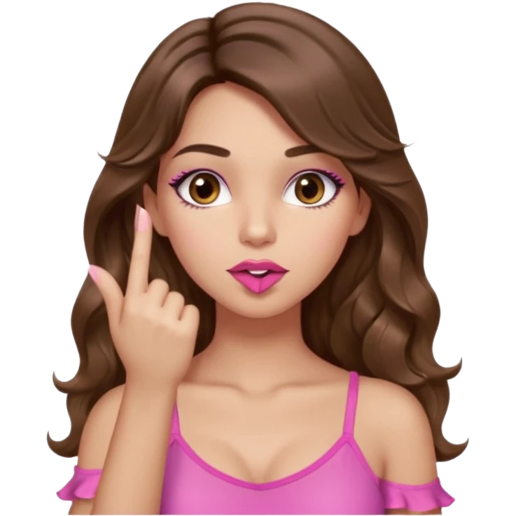 girl with long wavy brown hair, brown eyes, light to medium complexion, in a pink sexy top, pink lips, long lashes, silent motion with the hand one finger up by the mouth emoji