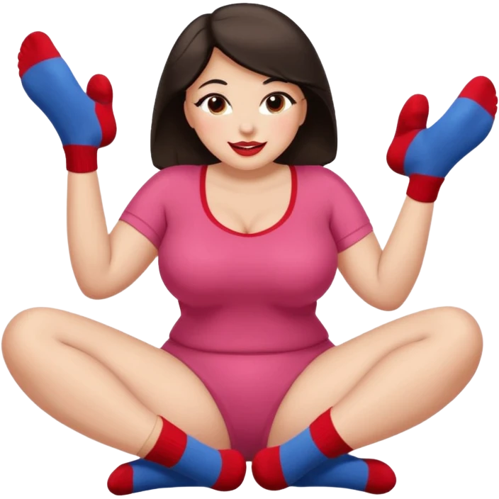 Cute curvy woman dark hair brown eyes big ass big chest skin coloured clothes socks legs up sole facing camera blushing face lip stick smile nervous emoji