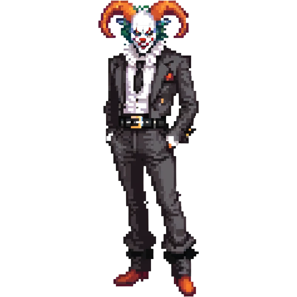 full-body demonic clown in black and white leisure suit with bellbottom pants, bald, black ram horns, flashy black and white belt, ruffled white shirt, no neck tie, large fangs emoji