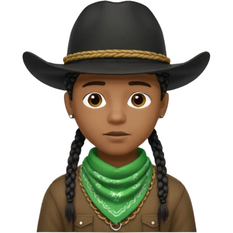Black boy with short box beaids wearing a black cowboy hat with green bandana around his neck emoji
