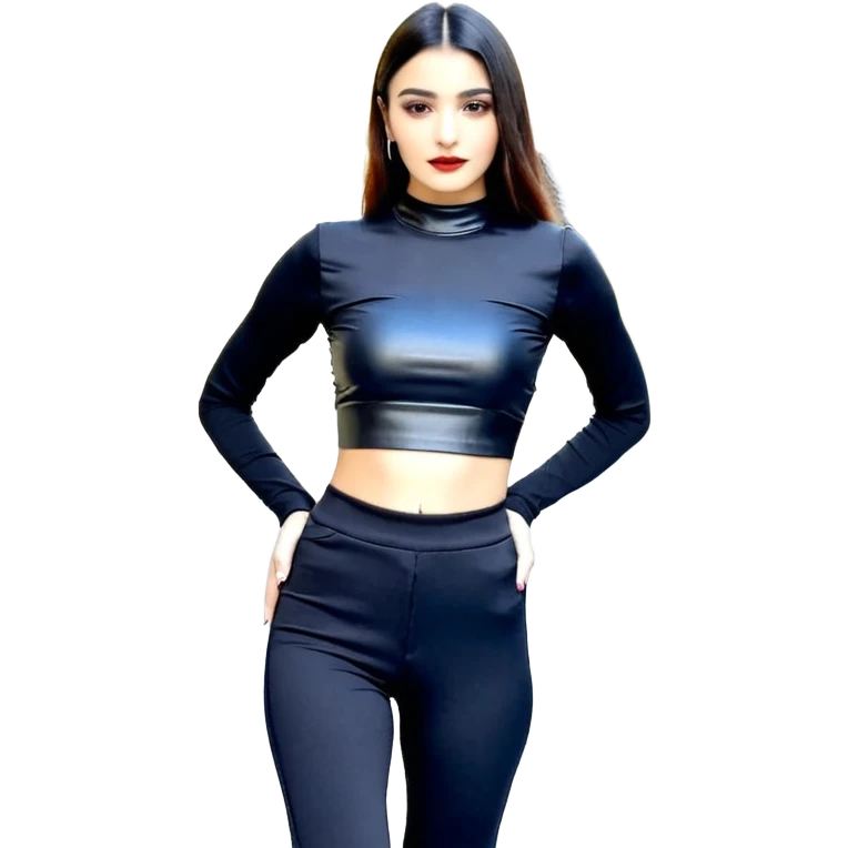 Siyah uzun saçlı siyah ceket  polar ceket ceket gevşek biraz omzundan çıkıyormuş gibi ve bugday ten rengi soltaraftaki omzundan çıkık sadece içinde de siyah crop var crop açık esmer esmer ceketin içinde siyah crop var ceket fazla omzundan çıkmasın  emoji