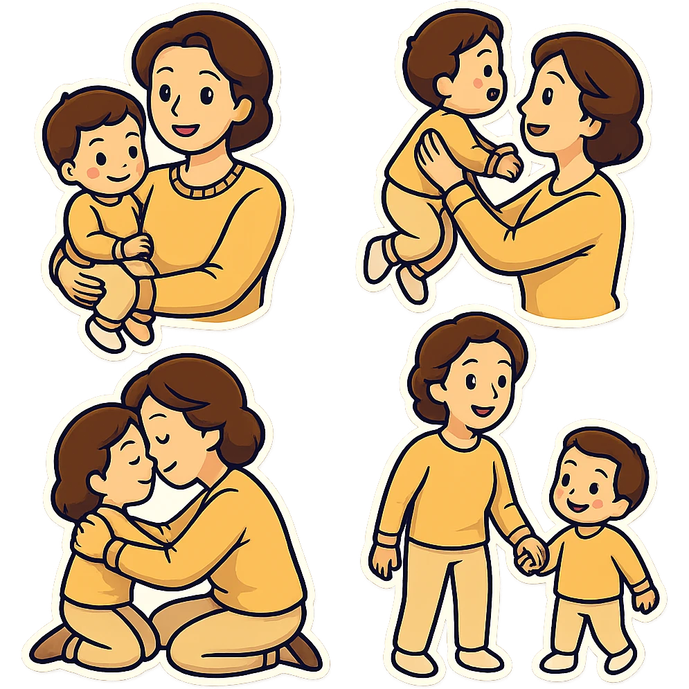 A happy mother with a child in beige clothes in different poses, sticker style emoji