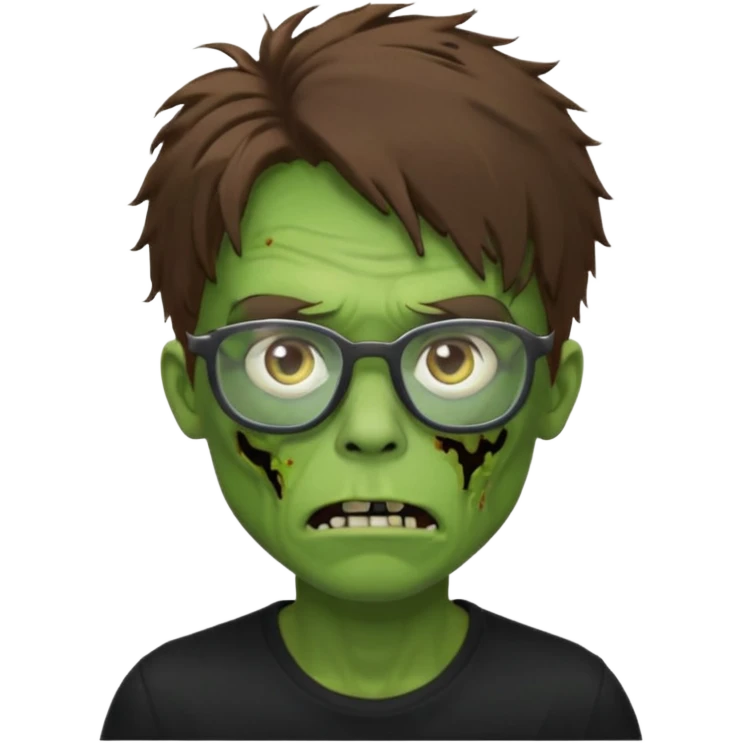 Green zombie, brown messy hair covering the forehead, black glasses, black shirt. iOS style. emoji