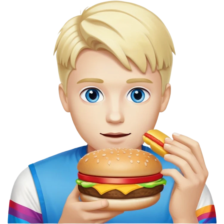 Young blonde man with white skin and blue eyes from LGBT community eating McDonald's hamburger, pride flag colors emoji