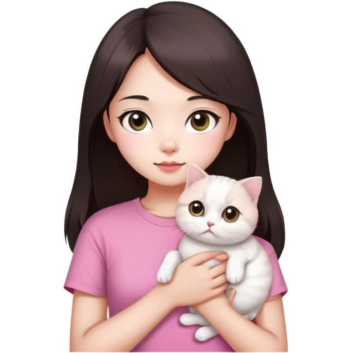 This Chinese girl's got fair skin and big black eyes. She's got long dark brown hair and she's wearing a pink t-shirt. She's holding a white Scottish Fold cat. emoji