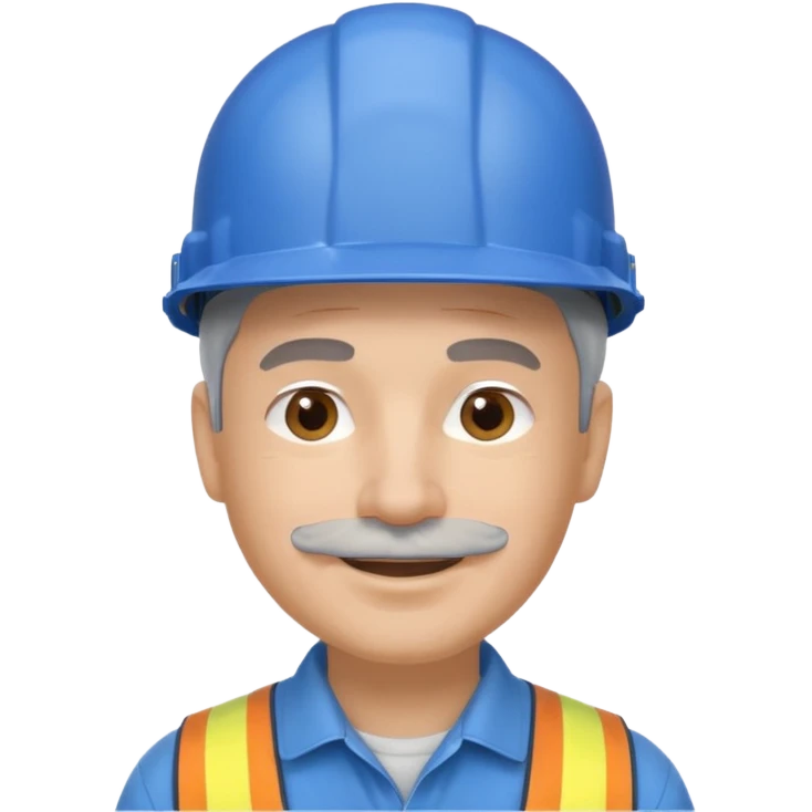 A man emoji with light skin, wearing a blue construction helmet, short gray hair on the sides, straight eyebrows, brown eyes, a small nose, and a thin short straight gray mustache above his smiling mouth. emoji