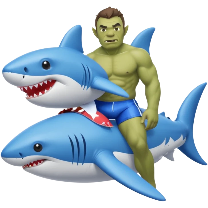 An orc man on an inflatable circle in the form of a shark emoji