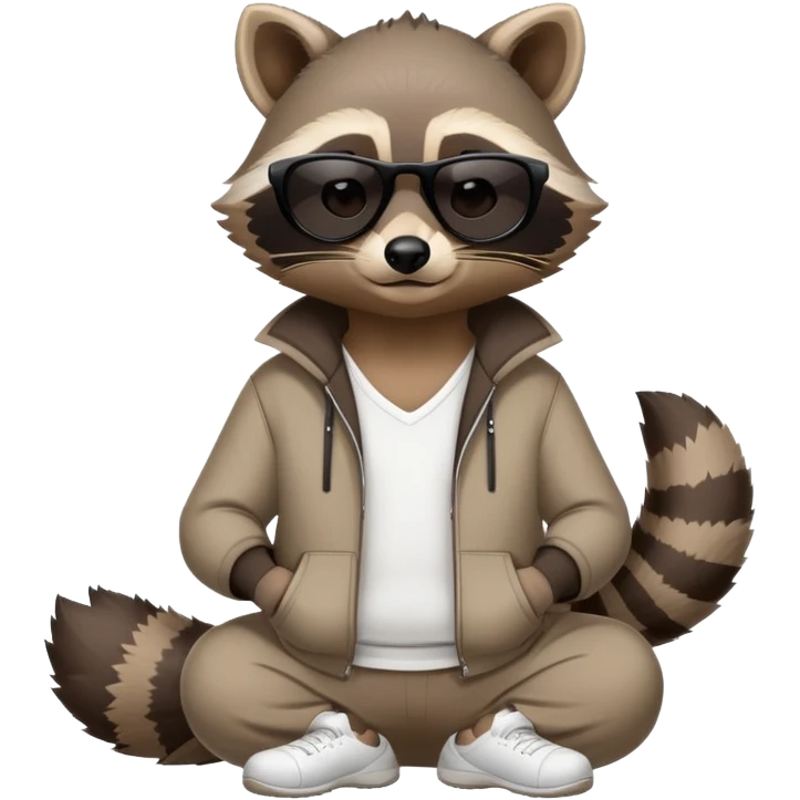 friendly anthropomorphised raccoon in sports wear, wearing dark sunglasses, relaxed pose, mafia style emoji