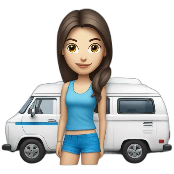 Hip white blue-eyed brunette woman with a sporty camper van emoji