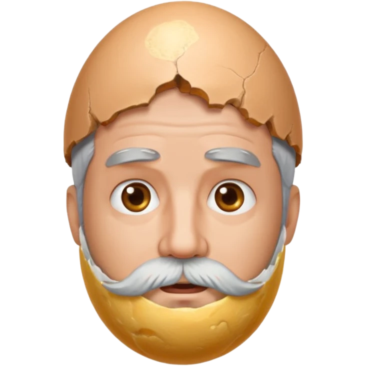 grey haired man with beard middle aged with a large egg shell on the head emoji