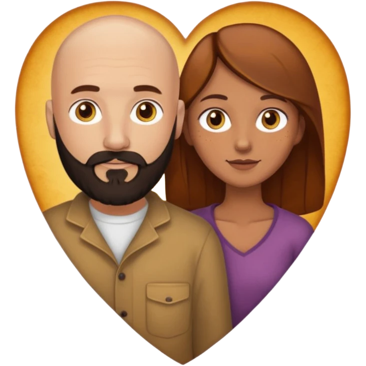 Couple. Bald man with dark brown-black beard. Woman with many small, faded freckles, white skin and she has auburn-yellow-brown-caramel-cinnamon dark hair. She has light yellow-brown eyes. The man have hazel eyes. They are inside a big heart. emoji