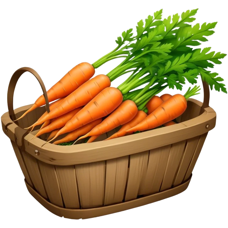 Cinematic vibrant orange carrot, crisp and fresh, slightly twisted with green leafy tops, arranged in a rustic wooden basket, natural and inviting. emoji