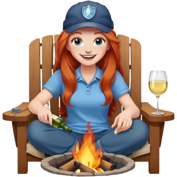 Laughing redhead with long hair and blue eyes wearing cap holding white wine sitting in chair beside fire pit emoji