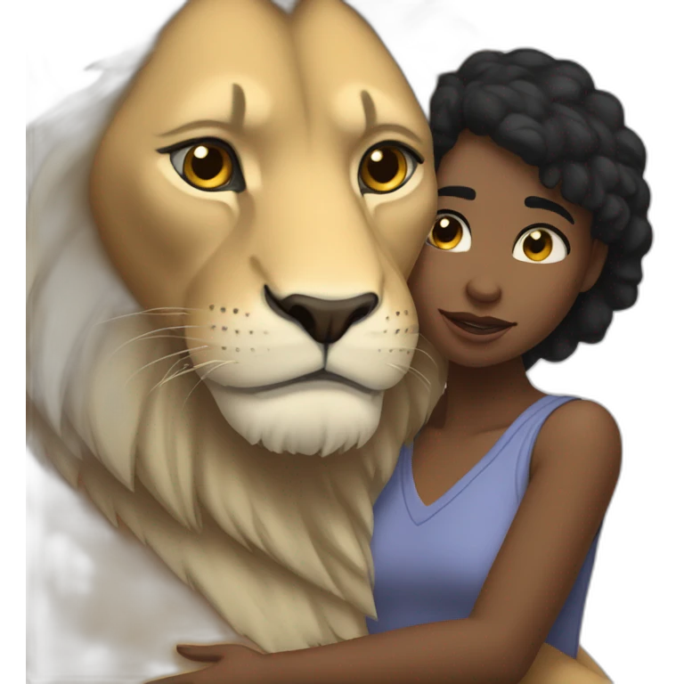White skin black short hair girl hugged by big lion emoji