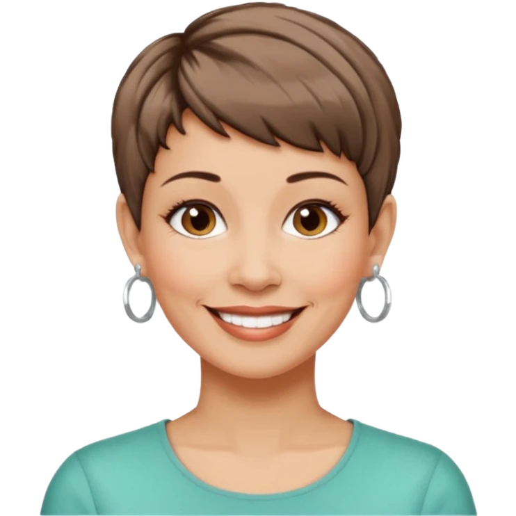 woman in her 50s, pixie cut brown hair, wearing hoop earrings, smiling emoji