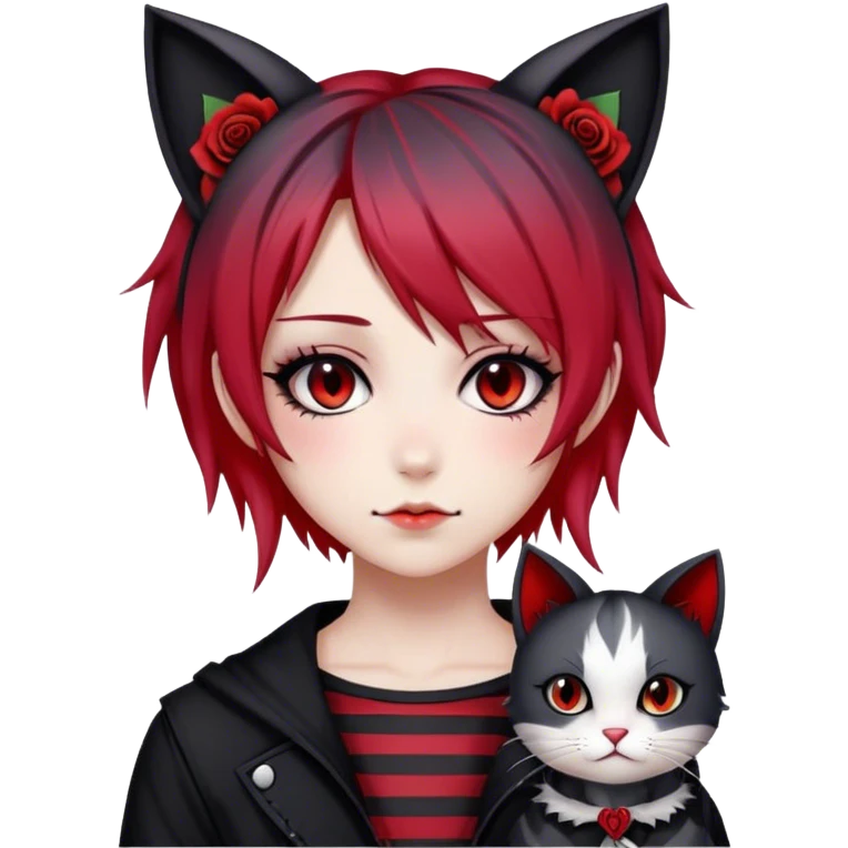 Bloody black rose anime gothic emo  beautiful gorgeous cool edgy cute lady with cat ears, gradient black-and-red-striped hair, tomboy style emoji