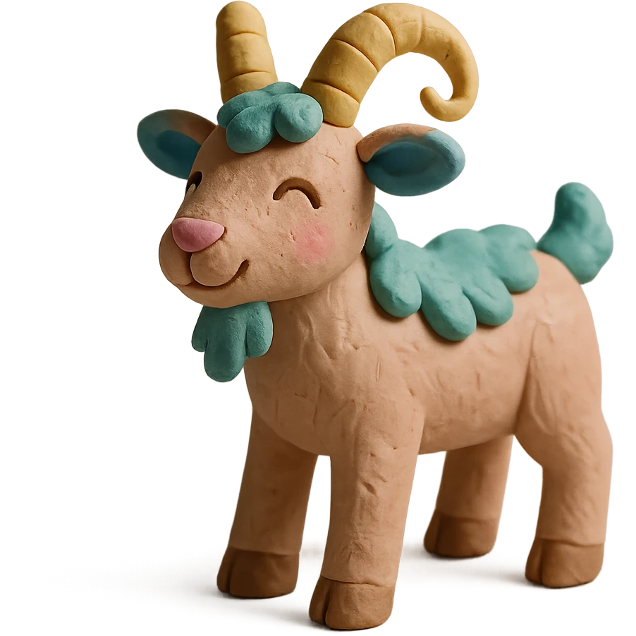 playful goat with curved horns, soft pastel colors, hand-molded details, claymation style emoji