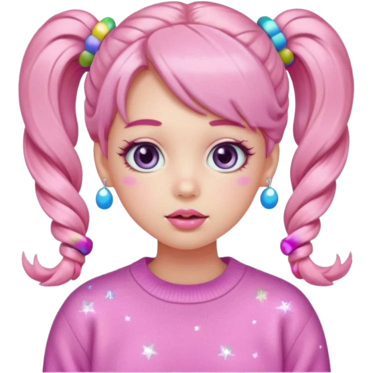 “Emoji girl, pastel pink blush, sparkly wide eyes, glossy bubblegum lips, hair in pigtails with colorful clips, oversized pastel sweater.” emoji