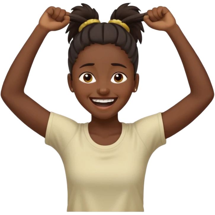 Baiza Ethiopian, dark hair Oldest but immature, no filter, funny Pose: laughing wildly, arms flailing age 21, hair in pony tail emoji