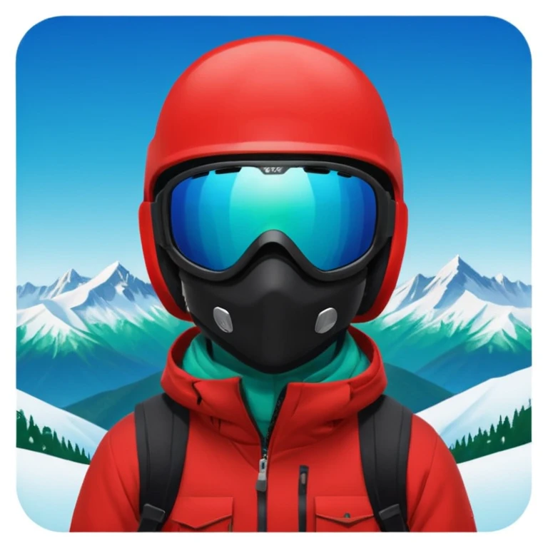 портрет головы сноубордиста в черном шлеме, зеркальной маске, в отражении маски снежные горы, черной балаклаве закрытым лицом, красной куртке, насыщенным сине-голубым однотонным фоном. emoji