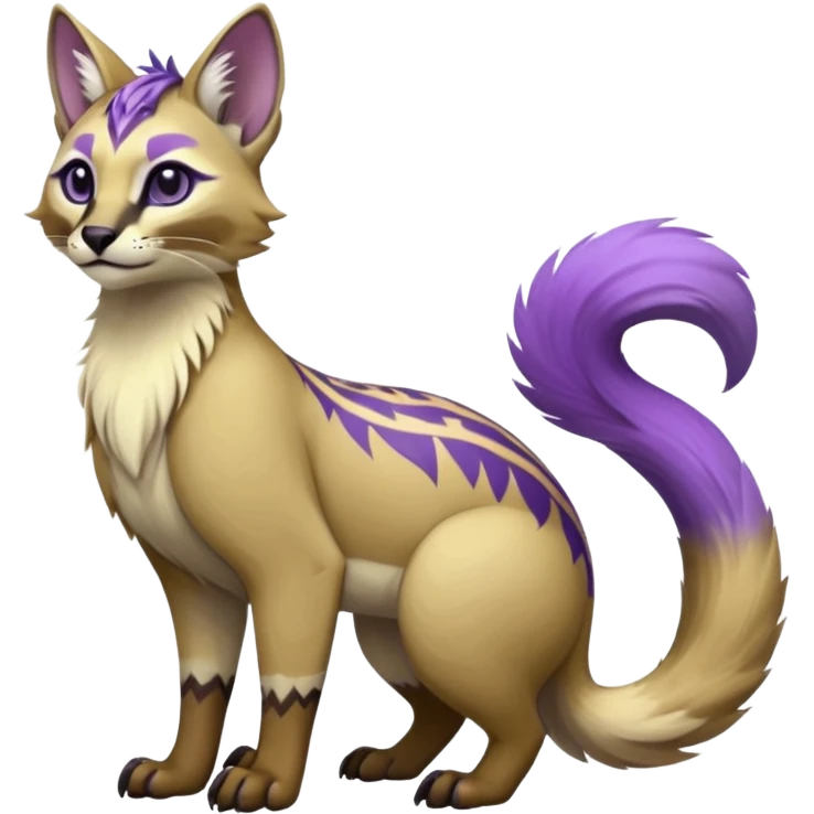 banana-cream-colored fur base coat, with violet-pointed, tropical tribal glorious divine exotic cute cool beautiful beautiful fantasy-caracal-civet-genet-sergal-vernid-Gryphon-Cacomistle-Trico-oncilla-animal-Fakémon-hybrid-fursona (full body) emoji