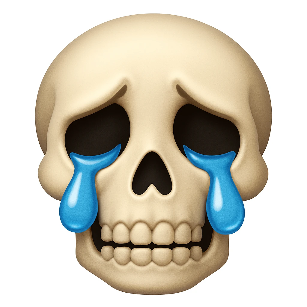 Edit the sad skeleton face emoji exactly like the reference but add tears to its eyes. Maintain the iOS emoji style with all other details and style unchanged. emoji