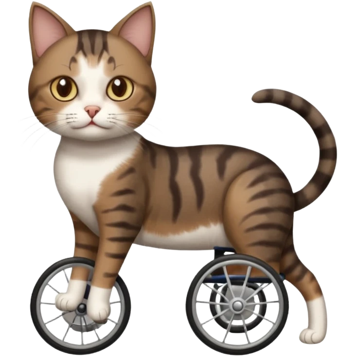 full body small short hair dark brown and white cat with hazel eyes walking in a wheelchair for cats emoji
