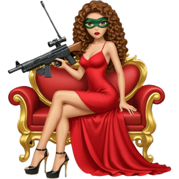 Drug dealer female green eyes symbol.  hair is brown curly long hair. sexy long with long red and black dress and face cover on that covers her mouth only. black stiletto platform high heels shoes on. Holding sniper rifle sitting on a gold throne. emoji