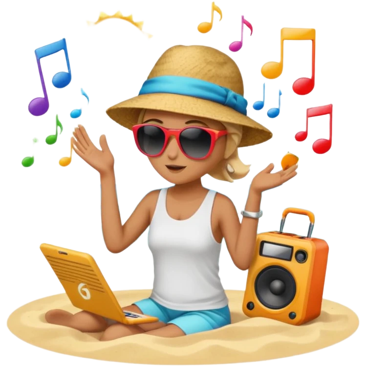 Someone listening to a speaker at the beach. Add some musical notes coming out of the speaker. emoji