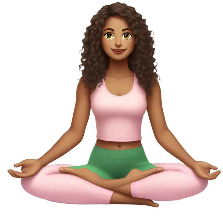 Dark brown long curly hair and green eyes yoga beautiful young woman in light pink pink pink clothes sitting on a yoga mat emoji