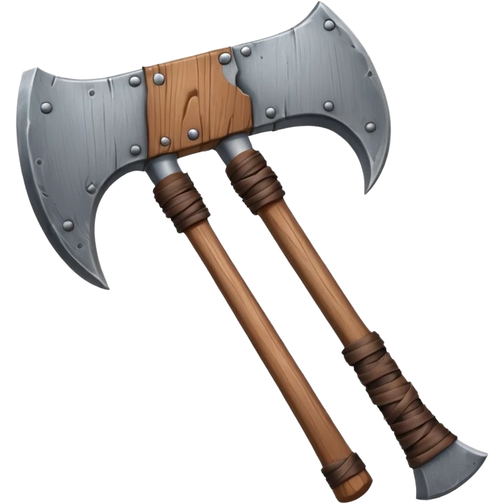 barbarian axe object icon, huge double-bladed axe, rough metal, wooden handle, leather wraps, fantasy style, 3D cartoon, mobile game icon style, centered, clean background, soft shadow, no text, no watermark
 emoji