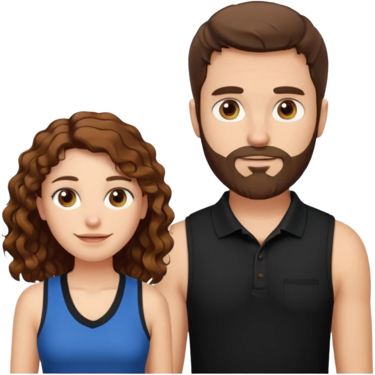 Criar Casal - Homem branco de cabelo liso e olhos marrom, com barba, expressão séria usando camiseta polo preta e mulher de pele branca cabelo cacheado marrom longo e olhos mel, usando uma regata fina branca, quero ela sorrindo emoji