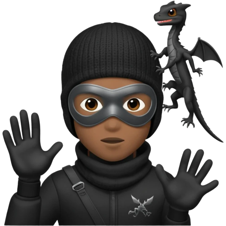 A young African male wearing a ski mask in full black clothing, holding a micro Draco in the air carelessly emoji