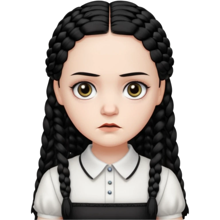 Draw Wednesday Addams with pale skin, black braids, white-collared dress & serious expression. emoji