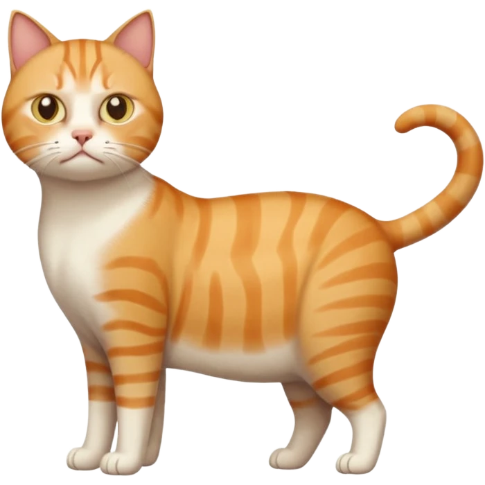 full body white, ginger and tabby cat with skinny head and fat body with an anxious face emoji