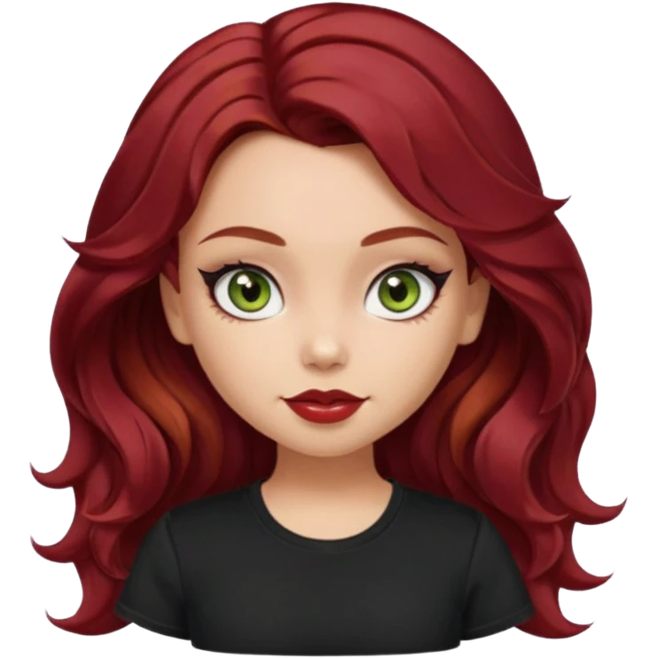 a pretty fair bratz girl with wavy dark red hair, wearing a black tee. eyeliner on, olive green eyes. Waist up emoji