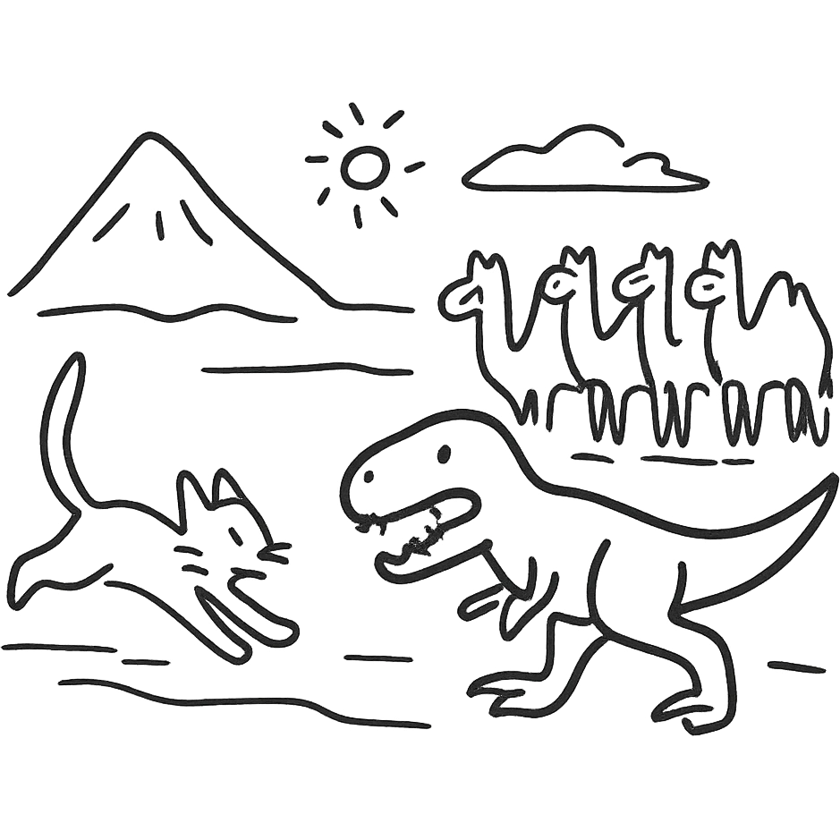 A white cat chasing a T-Rex in the desert with a herd of camels staring at them emoji