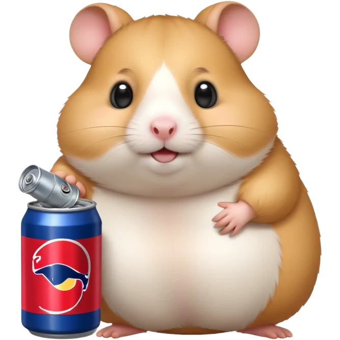 Funny cartoon-style fat hamster wide eyed with a can of redbull emoji