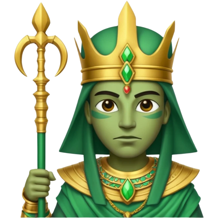 Ancient Egyptian god Osiris with green skin, Atef crown, and holding emoji