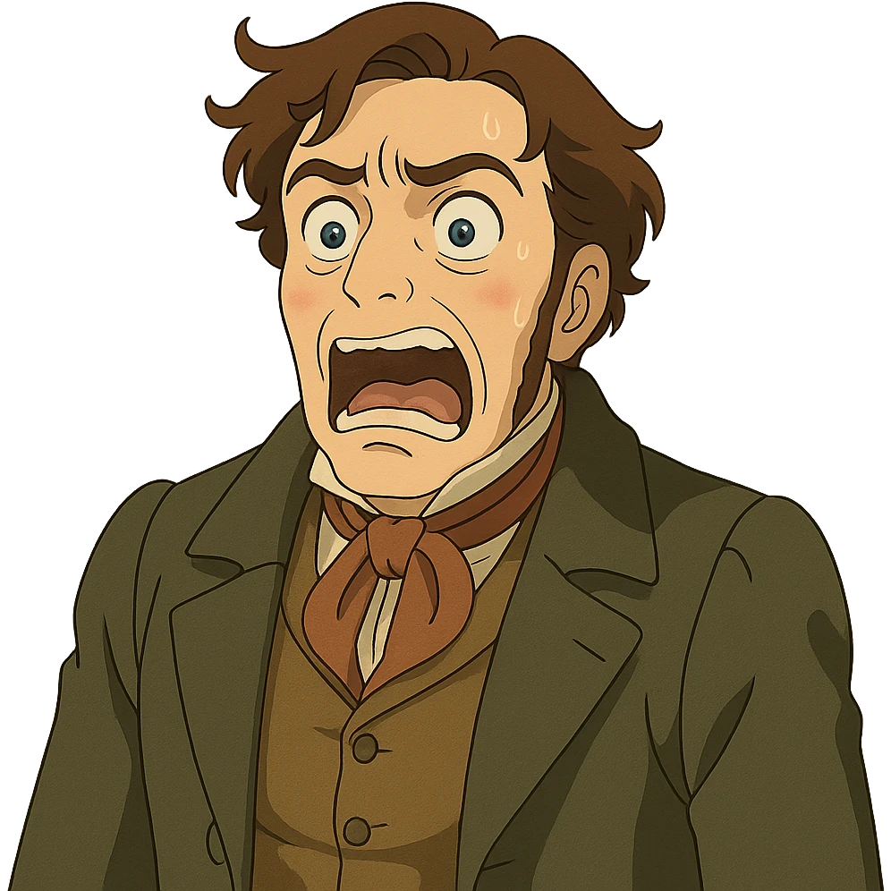 ghibli style person from the 1840s with a horrified and disgusted face emoji