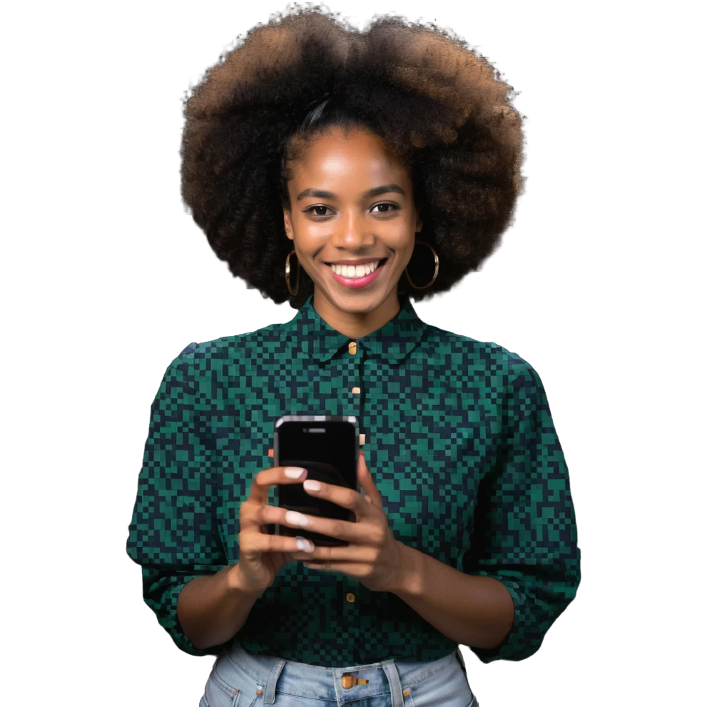 Afro-Caribbean woman smiling, holding iPhone, recording emoji