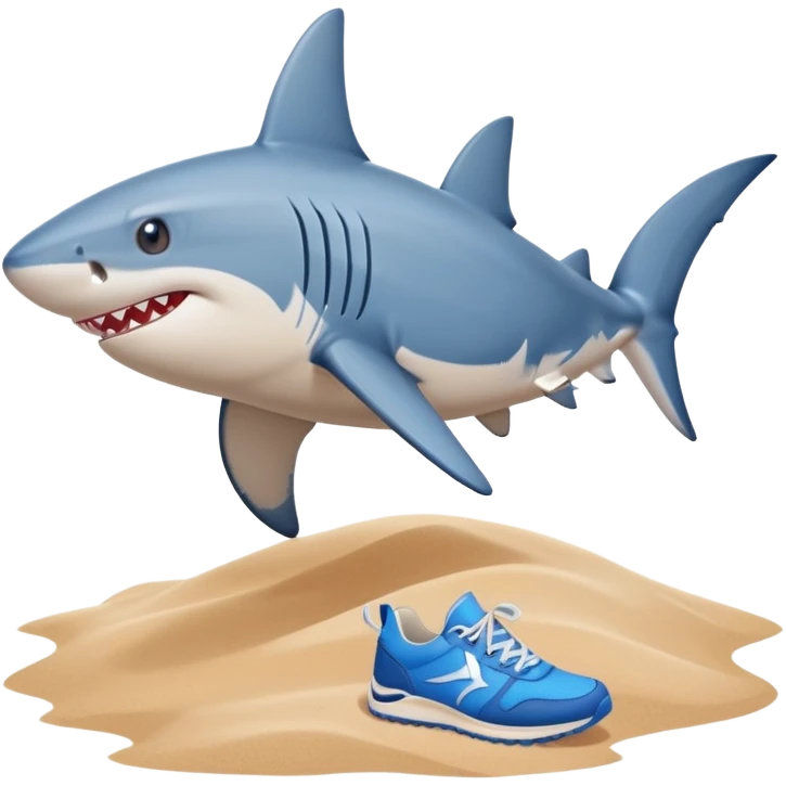 Gray shark that is wearing blue sneakers standing on the sand near a blue ocean  emoji