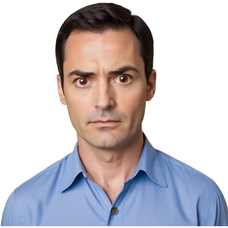 Man in his 40s with wide square face, marked jawline, full cheeks, looking incredulous with raised eyebrows, skeptical expression, medium dark brown eyes widened in disbelief, thick natural eyebrows, wide nose, mouth in a doubting smirk, short neat dark hair, wearing a blue button-up shirt emoji