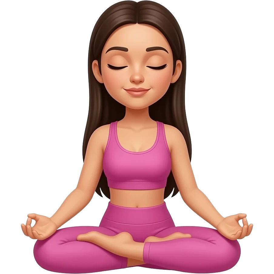 a brunette with long straight hair practicing sit down yoga without a mat, make her head proportionate to her body and eyes closed please and in a pink workout set emoji