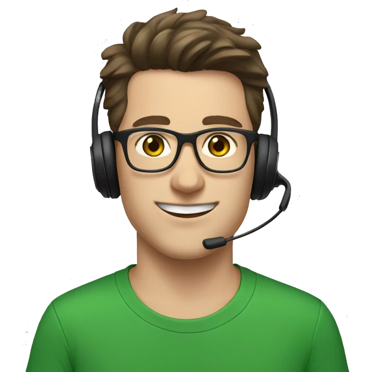 white young man with blue eyes and dark brown hair and square glasses wearing green t-shirt with headset emoji